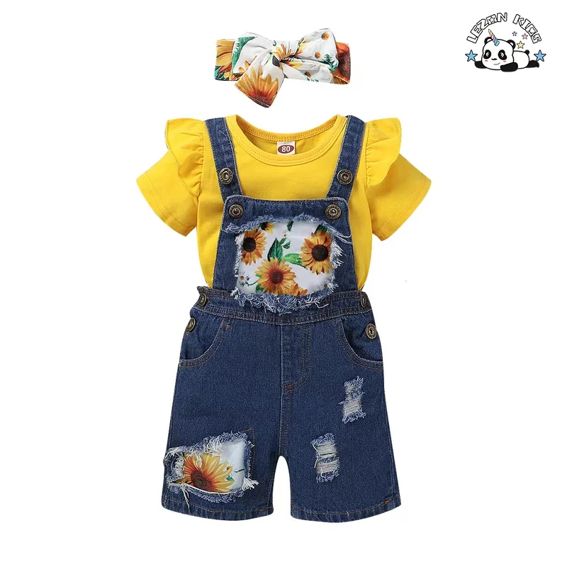 LEZONKIDS - Customizable Hot Sale Short-sleeved Blouse Girls Clothing Set Sunflower Print Jeans Girls Clothing Set
